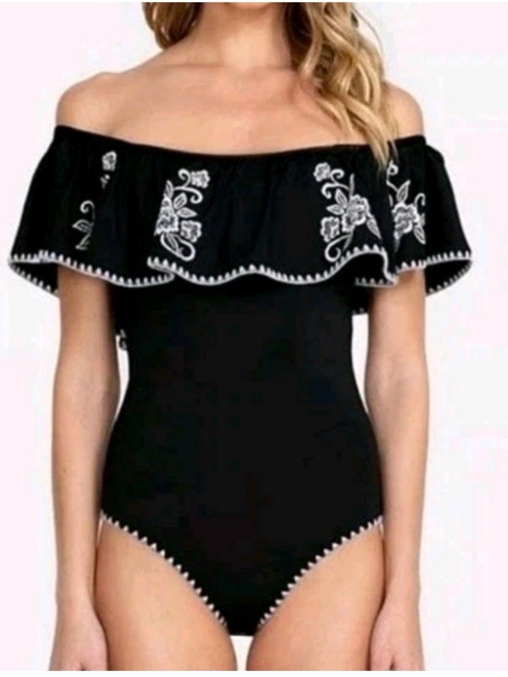 Johnny Was Wireless Floral Embroidered Off Shoulder Sofia Swimsuit Large Black